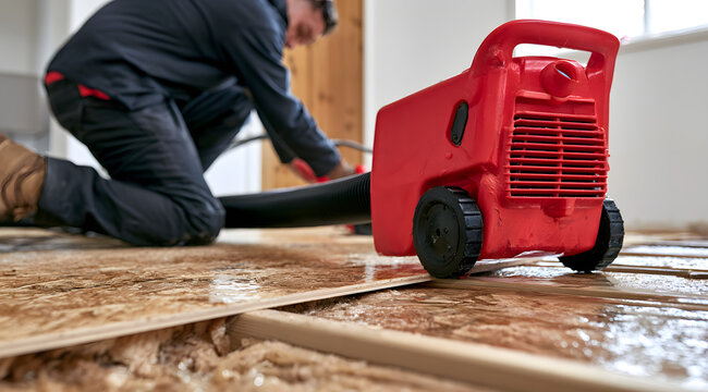 A proficient technician is drying out a water-damaged subfloor as part of home restoration work.