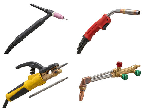 Four distinct welding torches and an electrode holder, illustrating various methods and equipment used in modern metal joining processes.