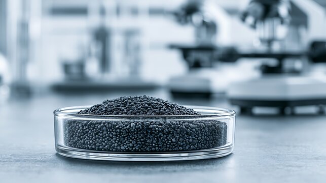 A petri dish containing black chemical pellets in a scientific laboratory setting. Ideal for pharmaceutical research.