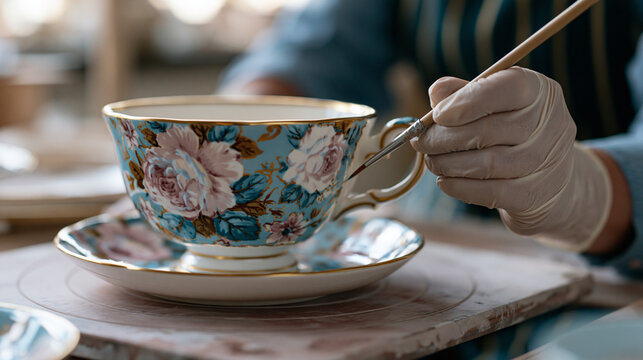Porcelain painter in latex gloves applying fine brushwork to an intricate floral tea set at a hospital rehabilitation arts center, close-up on her gloved hands mid-stroke, the