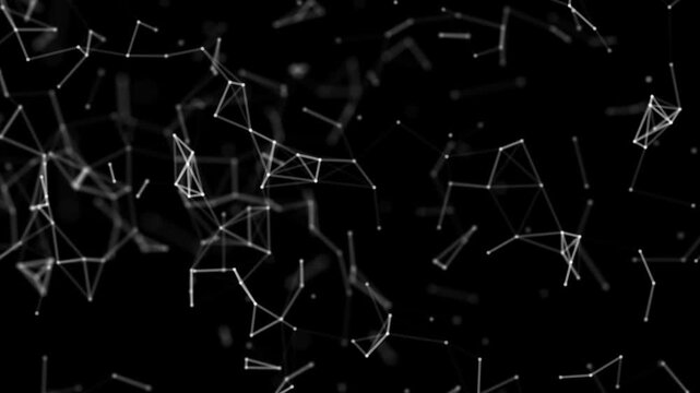 White lines black connected, abstract digital technology plexus background of white animated lines and dots on black background. looping seamless geometric wallpaper. concept of molecules, data