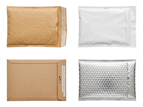 Group of four padded envelopes and mailers including bubble wrap and cardboard styles for shipping and packaging fragile items.
