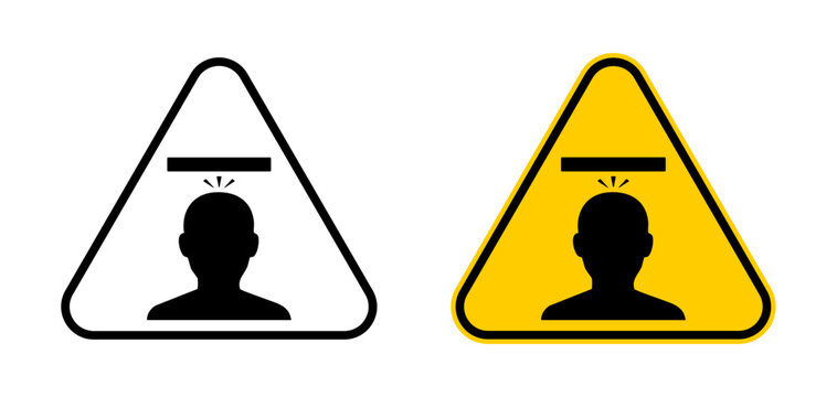 Overhead hazard warning sign icons with mind your head symbol. Head injury and low headroom warning signage for industrial, workplace safety and OSHA compliance.