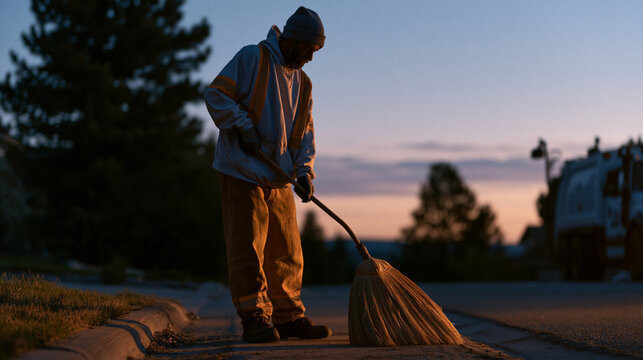 Garbage collector at twilight blue hour seen from a child's low perspective standing at the edge of a residential pavement, a multi-camera interview rig mounted on a compact van