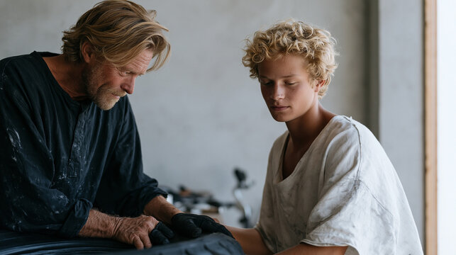 Experienced tire fitter demonstrating mounting technique to a young apprentice in a minimalist grey workshop studio, elder hands guiding the younger pair on the bead seater,