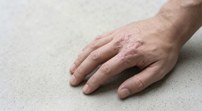 Close-up of healed burn scarring on the back of a human hand. Medical detail of raised scar tissue and puckered skin on knuckles