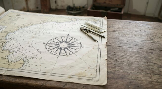 Aged nautical navigation chart with a compass rose and brass divider on a wooden table. Vintage cartography and exploration concept