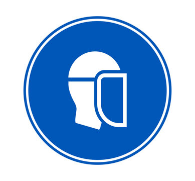 Face shield mandatory sign icon with protective visor symbol. Blue colored Face protection signage for industrial and workplace safety