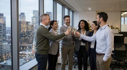 Obraz premium Diverse business team toasting with champagne glasses in a modern office. Corporate colleagues celebrating New Year holiday success