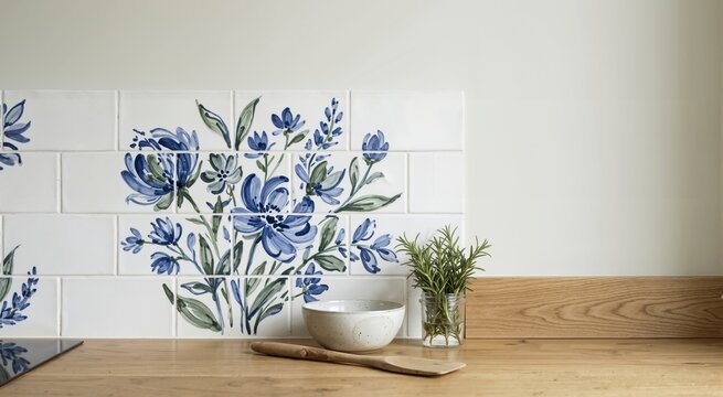 Hand painted blue floral design on white kitchen backsplash tiles. Rustic wooden countertop with a ceramic bowl and fresh rosemary in a glass jar