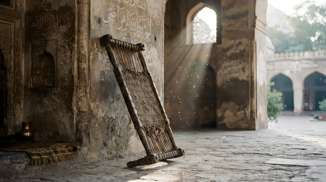 Traditional woven charpai daybed leaning against ancient stone wall with furniture traditional architecture sunlight heritage cultural interior building