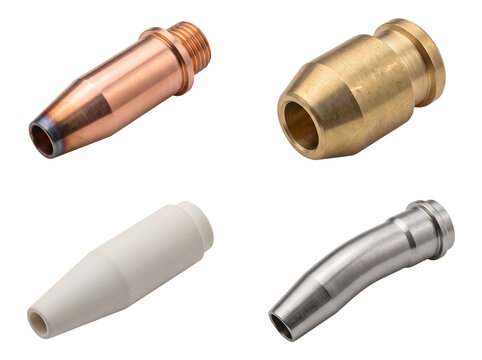 Selection of four welding torch nozzles and tips made from copper brass steel and ceramic for MIG TIG welding on transparent background.