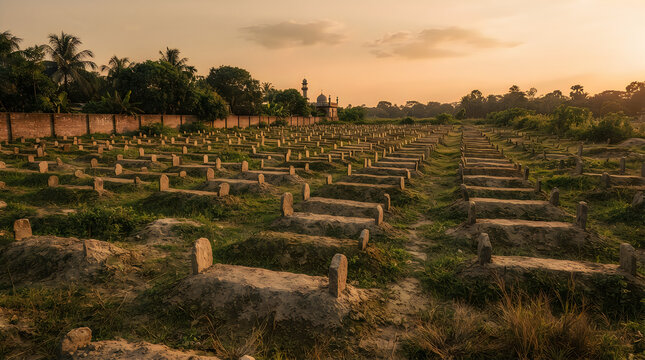 Old cemetery gravestones under golden sunset sky with cemetery graveyard gravestones memorial landscape peaceful heritage remembrance tranquil solitude