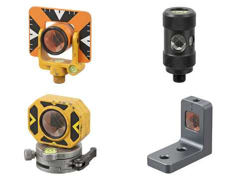 Selection of professional surveying prisms and reflectors for geodetic measuring equipment isolated on transparent background for land surveying and construction projects.