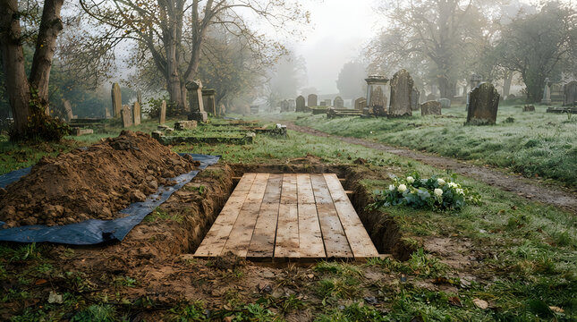 Freshly dug grave with wooden planks prepared for burial in a foggy historic cemetery memorial tombstone solemnity remembrance graveyard landscape