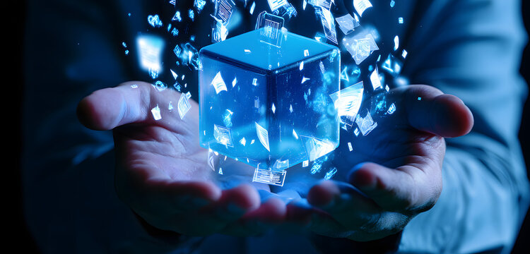 A person clutches a shimmering blue cube whose palms hold floating digital icons. Artificial intelligence automation converts documents and data streams into neon symbols. Futuristic software interfac