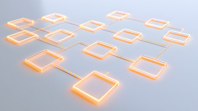 A glowing flowchart diagram on a bright, clean white floor, minimalist background, computing algorithm concept workflow technology with copy space