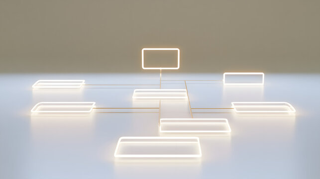 A simple, glowing flowchart diagram on a bright, clean white floor, minimalist in style, representing a computing algorithm concept with a technology theme, in a workspace setting