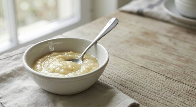 White ceramic bowl of pureed banana with a metal spoon on a rustic wooden table. Homemade healthy baby food or vegetarian snack