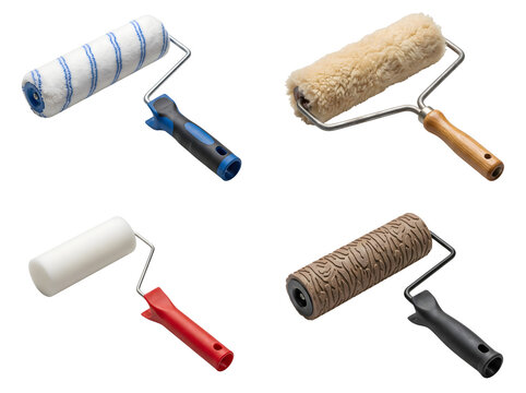 Set of four different paint rollers with various textures and handle designs, essential tools for applying paint and achieving desired finishes.