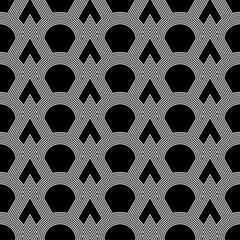 Fish scale wallpaper. Asian traditional ornament with repeated scallops. Repeated black triangular and circular shapes on white background. Seamless surface pattern design with curves and lines. © funkyplayer