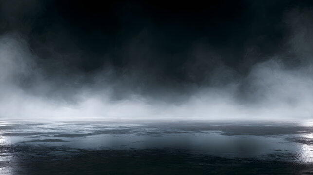 Abstract, dark stage background with low smoke and wet, reflective floor surface.