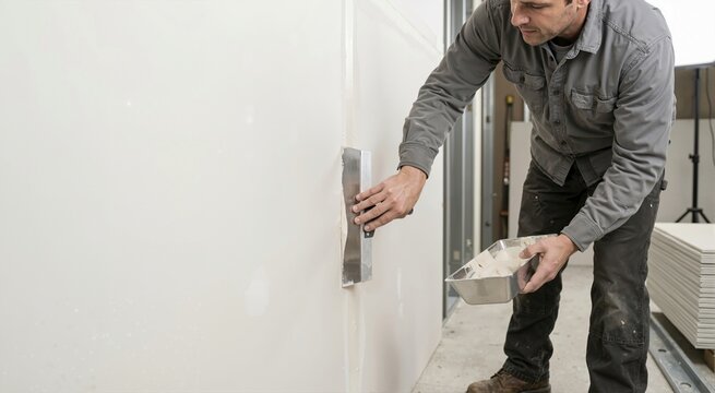 Construction worker applying drywall compound to a wall seam. Male contractor smoothing mud on a joint with a taping knife. Home renovation and interior remodeling