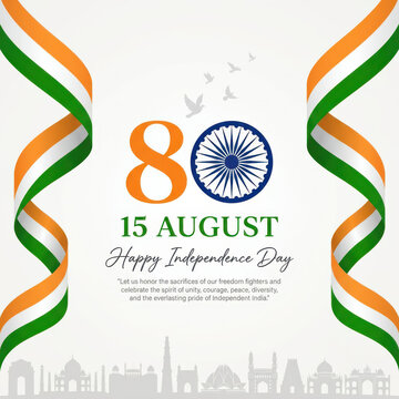 India 80th Independence Day Poster with Twisted Tricolor Ribbon Border, Ashoka Chakra, 15 August Happy Independence Day Script, Monument Silhouette for Banner, Card and indepence Design