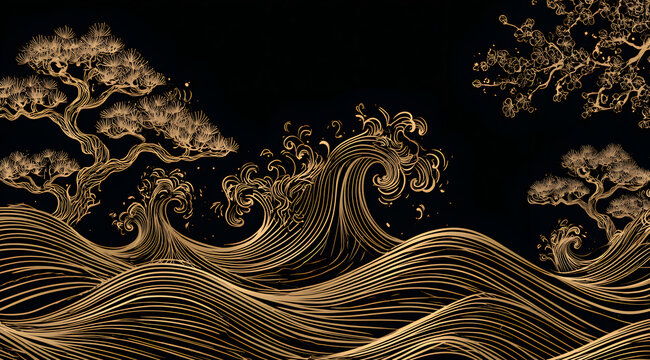 Golden wave border in Japanese style, traditional oriental ocean pattern with pine trees and cherry blossoms, elegant gold line art sea waves