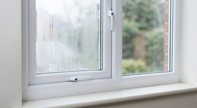 Heavy condensation on inside of double glazed window. Water droplets and moisture on white UPVC glass pane. Indoor humidity and insulation problem