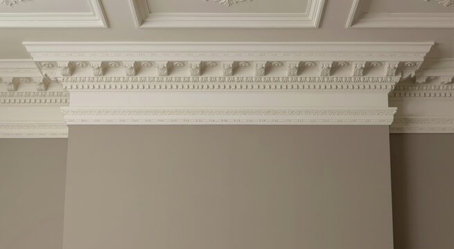 Intricate white architectural crown molding and cornice detail. Classic interior ceiling trim with copy space