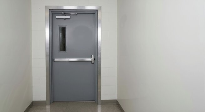 Grey metal emergency exit door with a push bar. Commercial building safety escape route in a white cinderblock hallway