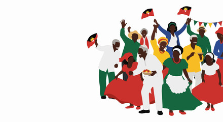 Fototapeta premium Colorful celebration with diverse group raising hands and flags, festive parade vector illustration. Joyful multicultural gathering for event flyer, social media banner, or promotional poster.