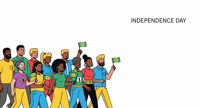 Independence Day vector illustration with diverse group of people marching and holding national flags. Independence Day parade featuring multicultural crowd celebrating national holiday.
