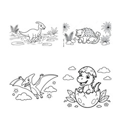 Set of four cute dinosaur coloring pages for children featuring various prehistoric animals in fun cartoon style © Tomalkrishnadas