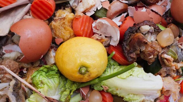 Food waste with discarded vegetable scraps, eggshells and lemon peel for composting and recycling concept. High quality 4k footage