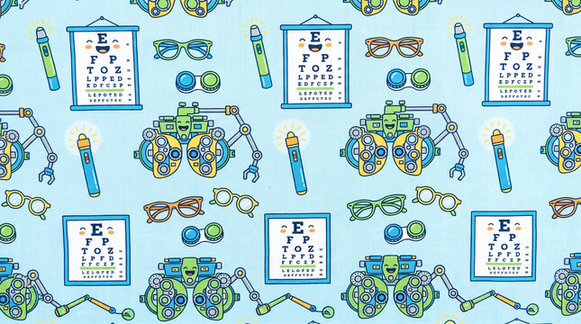 fun cartoon style medical pattern illustrating an eye doctor workplace with reading charts stylish glasses tiny contact lenses bright light tools and friendly phoropter machines