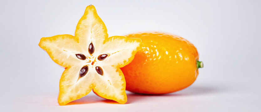 Slice of kumquat displaying inner star shape next to whole citrus fruit. Tropical exotic food close up. Fresh botanical ingredient for healthy diet and culinary background design.