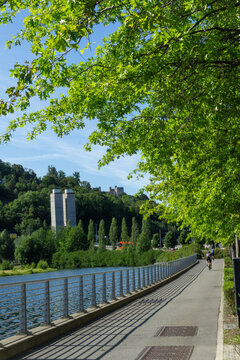 Cyclists riding along path in Oslo, Norway