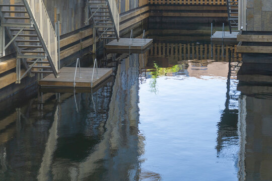 S&oslash;renga sea water pool with urban building reflections