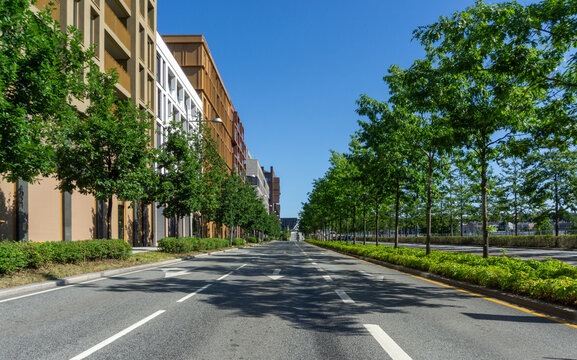 Oslo modern urban street aligning buildings and green trees