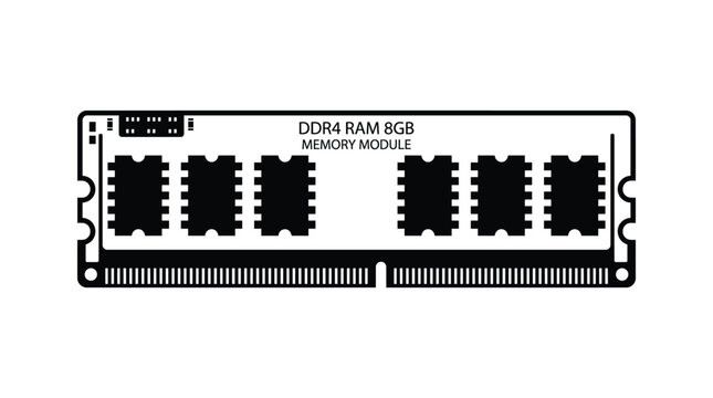 Detailed black and white vector illustration of a high speed ddr4 ram memory module used for modern computer hardware systems