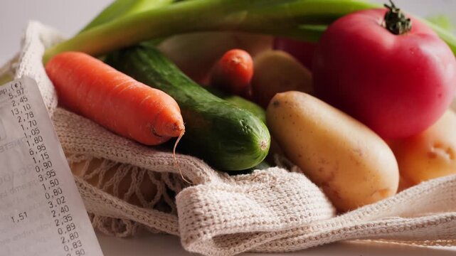 Fresh organic vegetables in a reusable mesh shopping bag with a grocery receipt. Healthy grocery shopping, food prices, household budget and inflation concept. High quality 4k footage