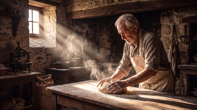 Elderly baker kneading dough in rustic kitchen. Senior man preparing bread in sunlit bakery.