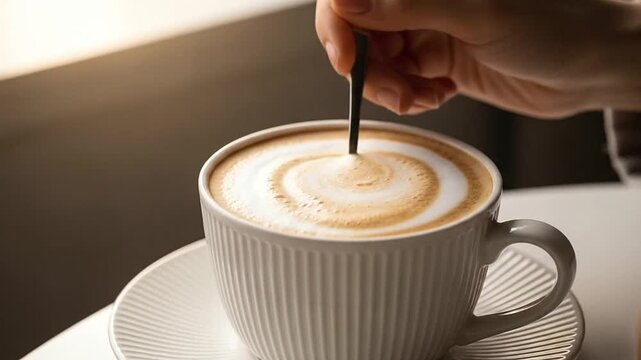 A hand stirs a warm cup of creamy coffee with a metal spoon