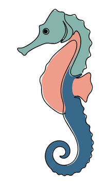 Minimalist continuous line drawing of a stylized seahorse with a spiraling tail and elegant curves on a white background, marine life concept