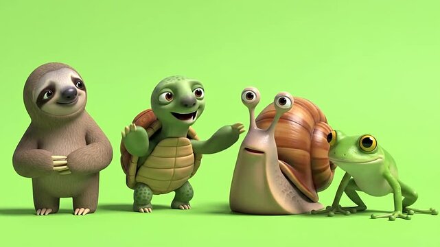 A group of cute cartoon animals standing on green background