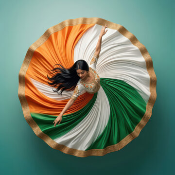 Dynamic India Independence Day illustration featuring a graceful Indian woman performing a traditional dance in a vibrant circular tricolor costume celebrating patriotism, freedom, culture and heritag