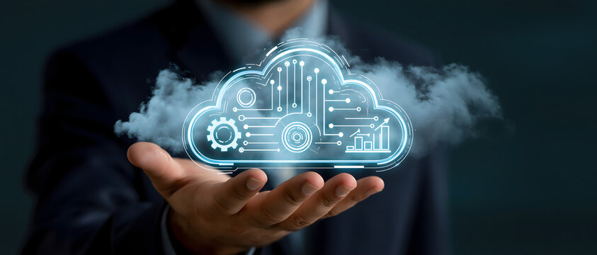 Cloud computing concept with glowing circuitry and gears held in a human hand technology digital data storage network services electronic components cogwheels machine