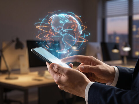 Worldwide financial data tracking via mobile phone with glowing planet hologram and currency symbols displayed in professional workspace.